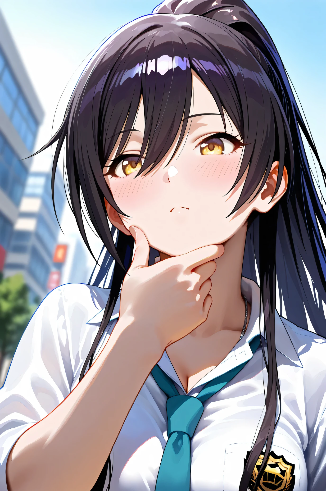 (Masterpiece:1.2), (Highest quality:1.1), (Very detailed),
(The best shape), (Best shadow), (Absurd),
(Detailed Background), (So beautiful), Shiny,
Beautiful eyes in every detail, Extraordinary, Countershading, 8k, 32K, High resolution,
Very Detailed CG, UHD,
Score_9, Score_8_up, Score_7_up, Source_anime,
(Pastel painting:1.2), (Watercolor painting:1.2),
(Masterpiece, Detailed:1.2), (Foreshortening:1.2),
Cinematic, Dramatic, (Depth of field:1.4),
(Blurry background:1.4), (Realistic background:1.4),
1 girl, Solo, Dynamic angle, from below,
Japan, Big city, Outdoor, Street, Wind,
Shirase Sakuya,
The idolmaster shiny colors,
srssky, very long hair, black hair, high ponytail, bangs, hair between eyes, yellow eyes, (large breasts:0.5),
School uniform,
Shirt, Collared shirt, White shirt, Light blue tie,
DogTag,
(Blush:1.3),
Portrait, Focus on face, stroking her chin,
Look to the right,
Realistic skin, Shiny skin,