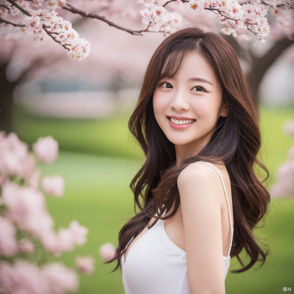 highest quality, Ultra-high resolution, (Realistic:1.4), Under the cherry trees in spring、Woman looking up at the camera and smiling。She is wearing a white off-shoulder top and a pleated skirt.、Over that she wears a loose cardigan。Cherry blossoms fluttering around、The background is a bright green grassland。The images have a bright and refreshing feel.、It is shot from an overhead perspective。In high resolution、Spring warmth and flowers々The delicate colors of。wide shot、full body
