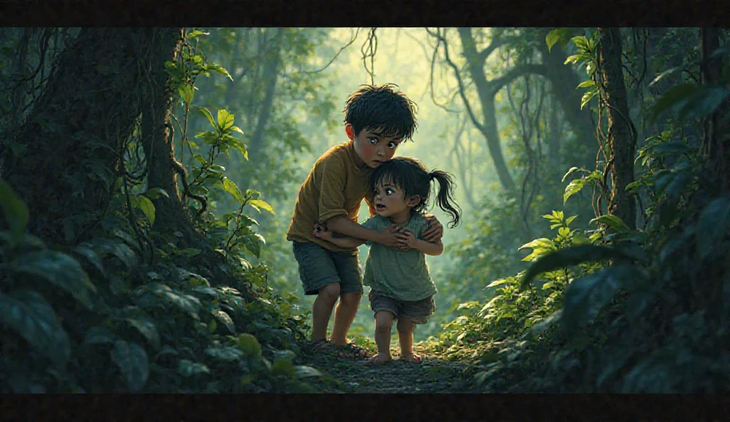 little boy crying.  lost in the forest
