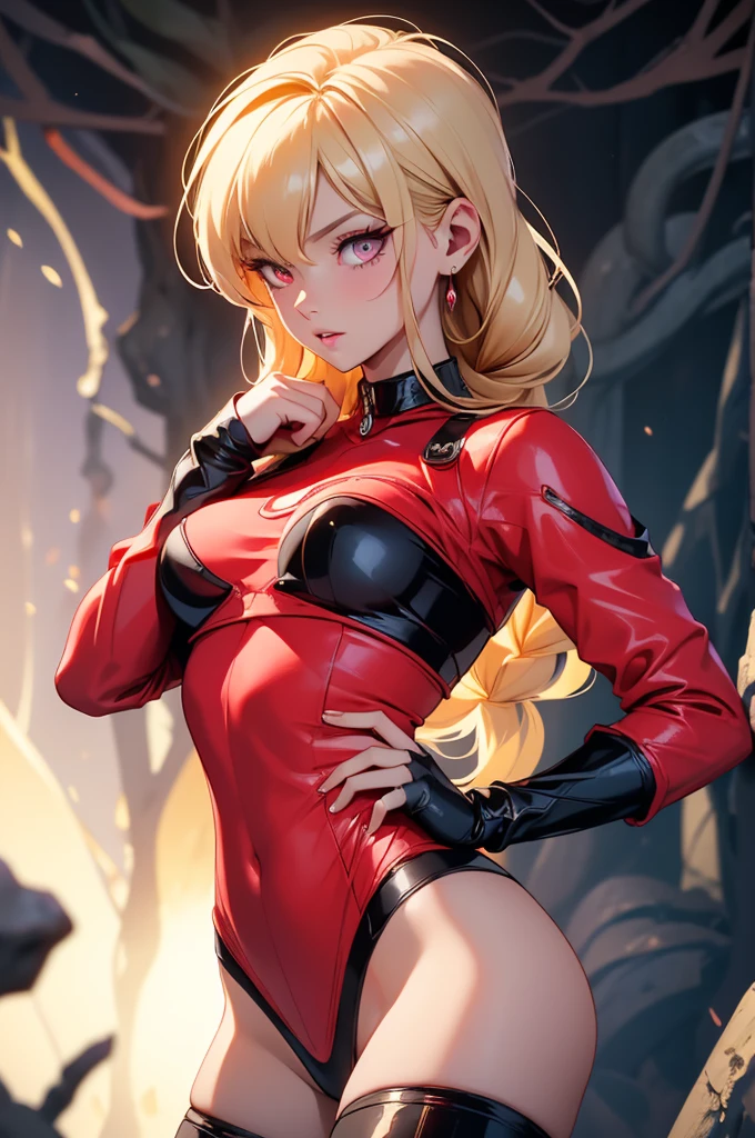1 young beautiful woman,(Highest quality,Extremely detailed depiction,Incredibly absurd high resolution,Anatomically accurate depiction,Curvy Legs),(Shiny skin),(Blonde,Pin one side of your hair back,Side Blade,Large Breasts,Black bodysuit,Ninja costume:1.2,Fishnet tightsの腕,Fishnet tights,Cowboy Shot,Model pose,latex),(Blue Eyes,Detailed pupil,Half-closed eyes:1.3,Shadowed face,Glossy red lipstick,Cool look),eyelash,Standing posture,background:bamboo forest:1.5