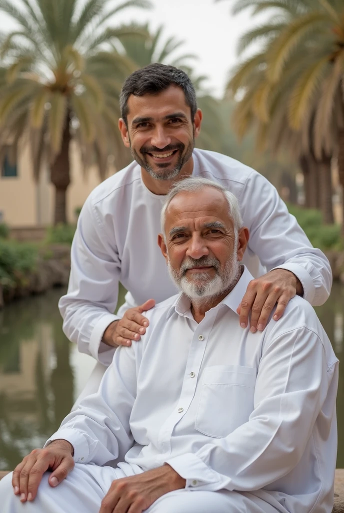 they are two men sitting on a couch together, one is holding his arm around the other, velhos e jovens, grandfatherly, Retrato de duas pessoas, two men hugging, retrato de alta qualidade, two aboriginal elders, gentle expression, Retrato de 60mm, dois homens bonitos, diversas idades, dois idosos, grande senso de profundidade, dois rapazes, homem mais velho, (obra-prima, melhor qualidade: 1.2), rosto ultra-detalhado, (cores suaves: 1.2, dark studio, rim lighting, two tone lighting, mal iluminado, discreto,