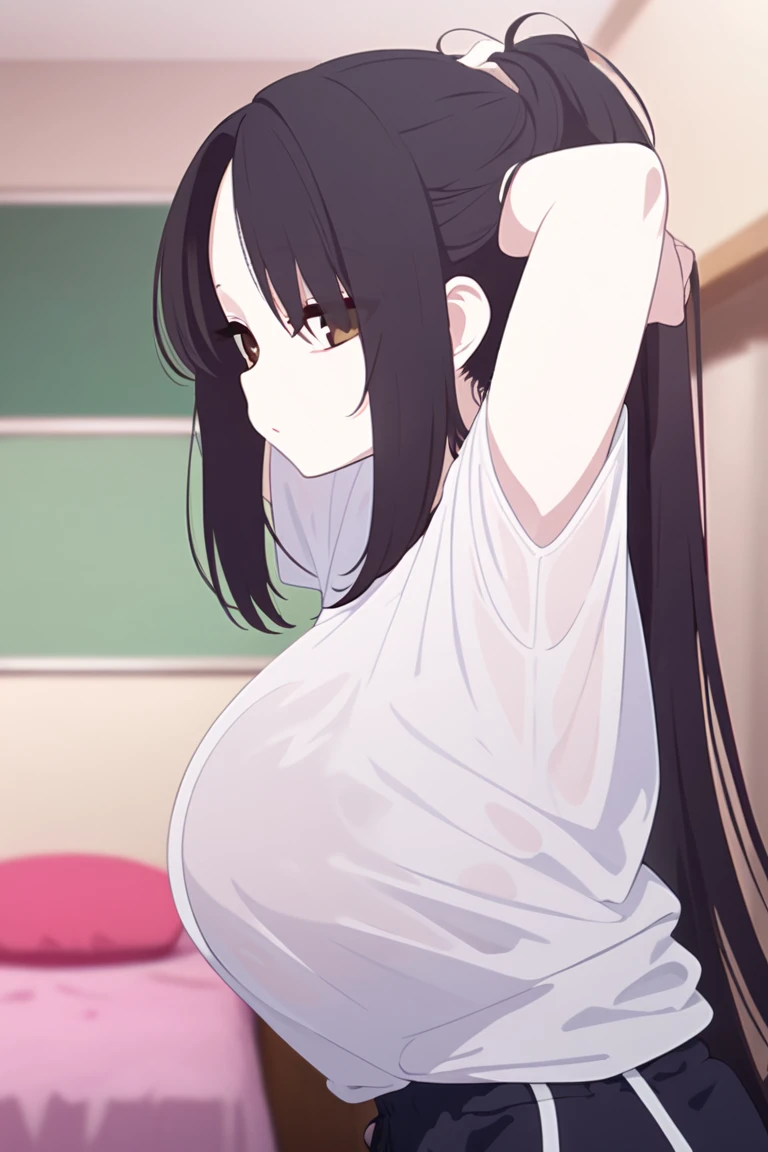 masterpiece, high quality, 8k, Beautiful lighting,sunny day,1girl,Sakuya Shirase, {{{{{pov,nsfw:1.9}}}}}, {{{{{(nude)}}}}},,,((medium breasts)),,(((white panties))),(slender body),,squinting,((((white shirt)))),((())),,（close up:1.3),blush:0.9, gold eyes, black hair, ponytail hair