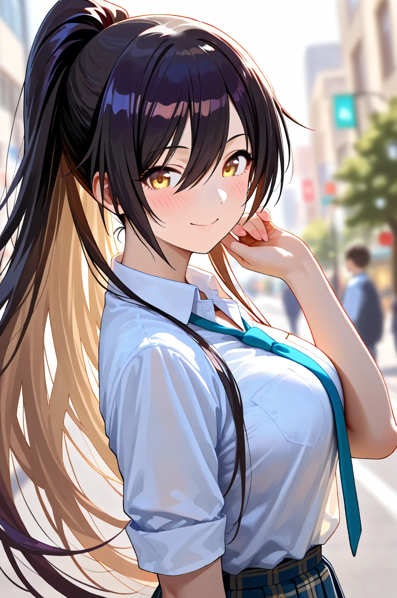 (Masterpiece:1.2), (Highest quality:1.1), (Very detailed),
(The best shape), (Best shadow), (Absurd),
(Detailed Background), (So beautiful), Shiny,
Beautiful eyes in every detail, Extraordinary, Countershading, 8k, 32K, High resolution,
Very Detailed CG, UHD,
Score_9, Score_8_up, Score_7_up, Source_anime,
(Pastel painting:1.2), (Watercolor painting:1.2),
(Masterpiece, Detailed:1.2), (Foreshortening:1.2),
Cinematic, Dramatic, (Depth of field:1.4),
(Blurry background:1.4), (Realistic background:1.4),
1 girl, Solo, Dynamic angle,
Japan, Big city, Outdoor, Street, Wind,
Shirase Sakuya,
The idolmaster shiny colors,
srssky, very long hair, black hair, high ponytail, bangs, hair between eyes, yellow eyes, (large breasts:0.5),
School uniform,
Shirt, Collared shirt, White shirt, Light blue tie,
DogTag,
(Blush:1.3),
Portrait, Focus on face, Smile, Happy, Look back,
Realistic skin, Shiny skin,