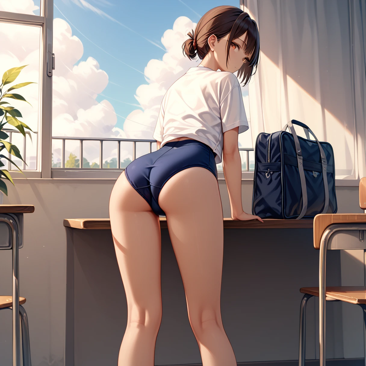 (AOC:1.1), braga, from behind, hunched over, wide hips, thick thighs, oil painting, by Sargent, (best quality,4k,8k,highres,masterpiece:1.2), ultra-detailed, (realistic,photorealistic,photo-realistic:1.37), portraits, warm color palette, soft lighting,A creature taken from children's nightmares. cuerpo femenino, shark teeth, Multiple extraviscous limbs, halo brillante en su cabeza, ojos rojos. You're in a school classroom with a threatening attitude.