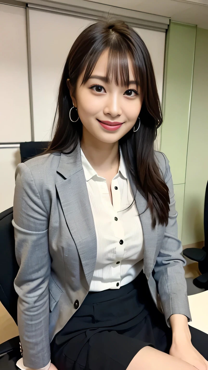 ( Japanese office lady 、25 year old japanese woman:1.2)、one woman、Extremely Beautiful Women、chair、( gray business suit、 black business suit、suit skirt:1.3)、natural makeup、Beautiful Legs、simple earrings、At the company office、 office with desk and chair 、Office with Large Window