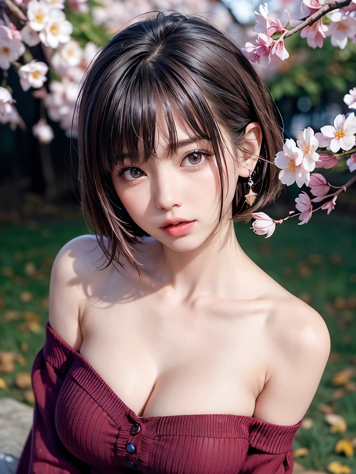 (logo、masterpiece、8K、table top、RAW photo、wonderful、最high quality、Photorealistic and very detailed CG integrated 8k wallpaper、high quality、very detailed、narrative poem、particle effects、dynamic effects、Depth of the bounds written、cinematic light、Lens flare、ray tracing)、fantasy、 (1 beautiful woman、dress、dress、cherry blossom pattern、black haired、beautiful face、real face、beautiful details eyes beautiful skin)、My hair dances in the wind、Hair flutters in Wind、hair jump、pink cherry tree、petals dance、SakuraFubuki、wonderful scenery、sunrise、sun on background、Wind、