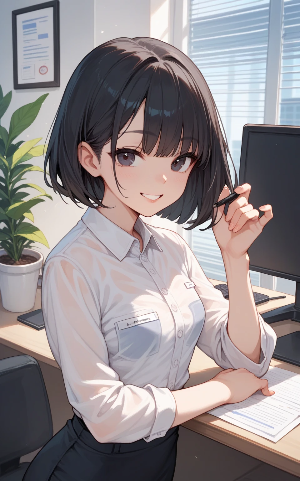 frame in, from right in front of face and body, view straight on, upper body, High quality, very high res, High quality, very high res, cute girl, brown hair, forehead, blunt bangs, bob cut, blush, Brushed up bangs, wearing a plain t-shirt, upright, pleated skirt, working on a laptop, sitting in a work chair, smile, leaning forward, at office