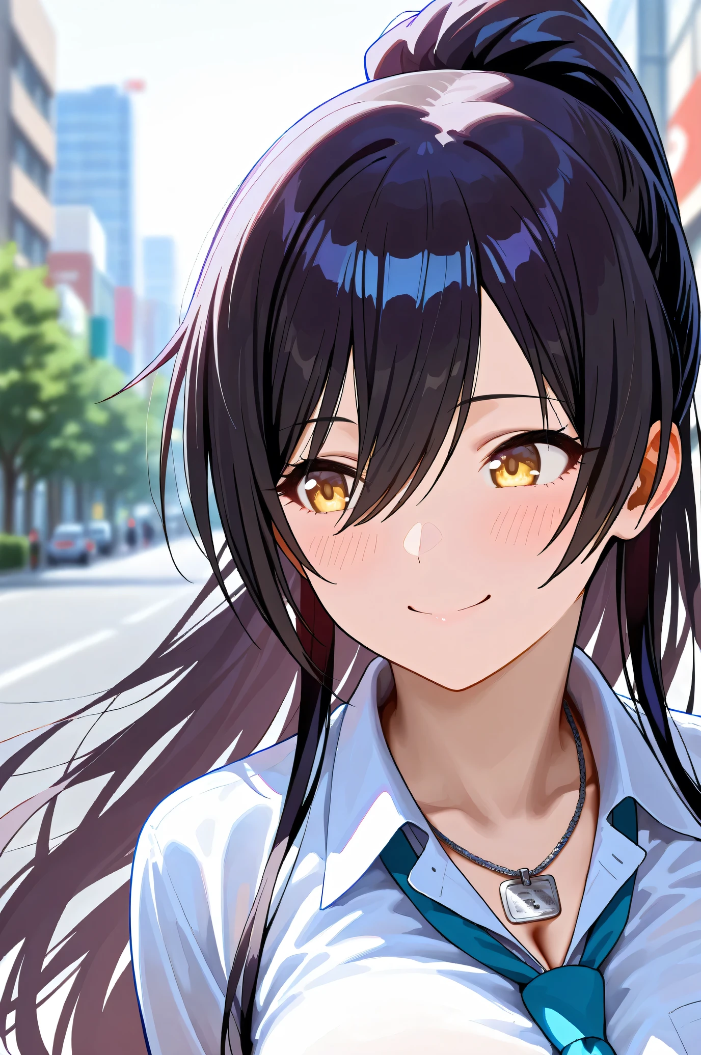 (Masterpiece:1.2), (Highest quality:1.1), (Very detailed),
(The best shape), (Best shadow), (Absurd),
(Detailed Background), (So beautiful), Shiny,
Beautiful eyes in every detail, Extraordinary, Countershading, 8k, 32K, High resolution,
Very Detailed CG, UHD,
Score_9, Score_8_up, Score_7_up, Source_anime,
(Pastel painting:1.2), (Watercolor painting:1.2),
(Masterpiece, Detailed:1.2), (Foreshortening:1.2),
Cinematic, Dramatic, (Depth of field:1.4),
(Blurry background:1.4), (Realistic background:1.4),
1 girl, Solo, Dynamic angle,
Japan, Big city, Outdoor, Street, Wind,
Shirase Sakuya,
The idolmaster shiny colors,
srssky, very long hair, black hair, high ponytail, bangs, hair between eyes, yellow eyes, (large breasts:0.5),
School uniform,
Shirt, Collared shirt, White shirt, Light blue tie,
DogTag,
(Blush:1.3),
Portrait, Focus on face, Smile, Happy, Look back,
Realistic skin, Shiny skin,