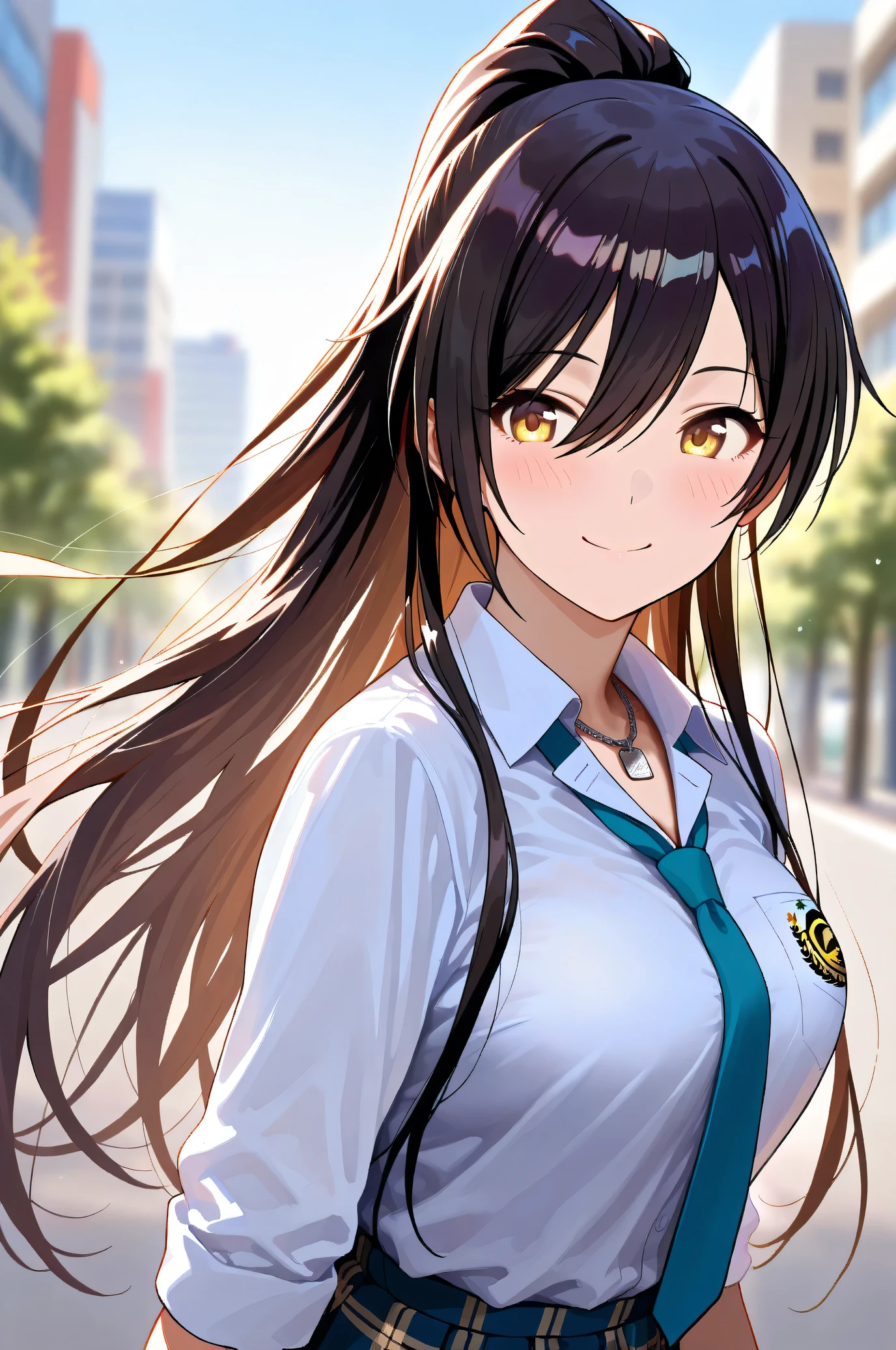 (Masterpiece:1.2), (Highest quality:1.1), (Very detailed),
(The best shape), (Best shadow), (Absurd),
(Detailed Background), (So beautiful), Shiny,
Beautiful eyes in every detail, Extraordinary, Countershading, 8k, 32K, High resolution,
Very Detailed CG, UHD,
Score_9, Score_8_up, Score_7_up, Source_anime,
(Pastel painting:1.2), (Watercolor painting:1.2),
(Masterpiece, Detailed:1.2), (Foreshortening:1.2),
Cinematic, Dramatic, (Depth of field:1.4),
(Blurry background:1.4), (Realistic background:1.4),
1 girl, Solo, Dynamic angle,
Japan, Big city, Outdoor, Street, Wind,
Shirase Sakuya,
The idolmaster shiny colors,
srssky, very long hair, black hair, high ponytail, bangs, hair between eyes, yellow eyes, (large breasts:0.5),
School uniform,
Shirt, Collared shirt, White shirt, Light blue tie,
DogTag,
(Blush:1.3),
Portrait, Focus on face, Smile, Happy, Look back,
Realistic skin, Shiny skin,