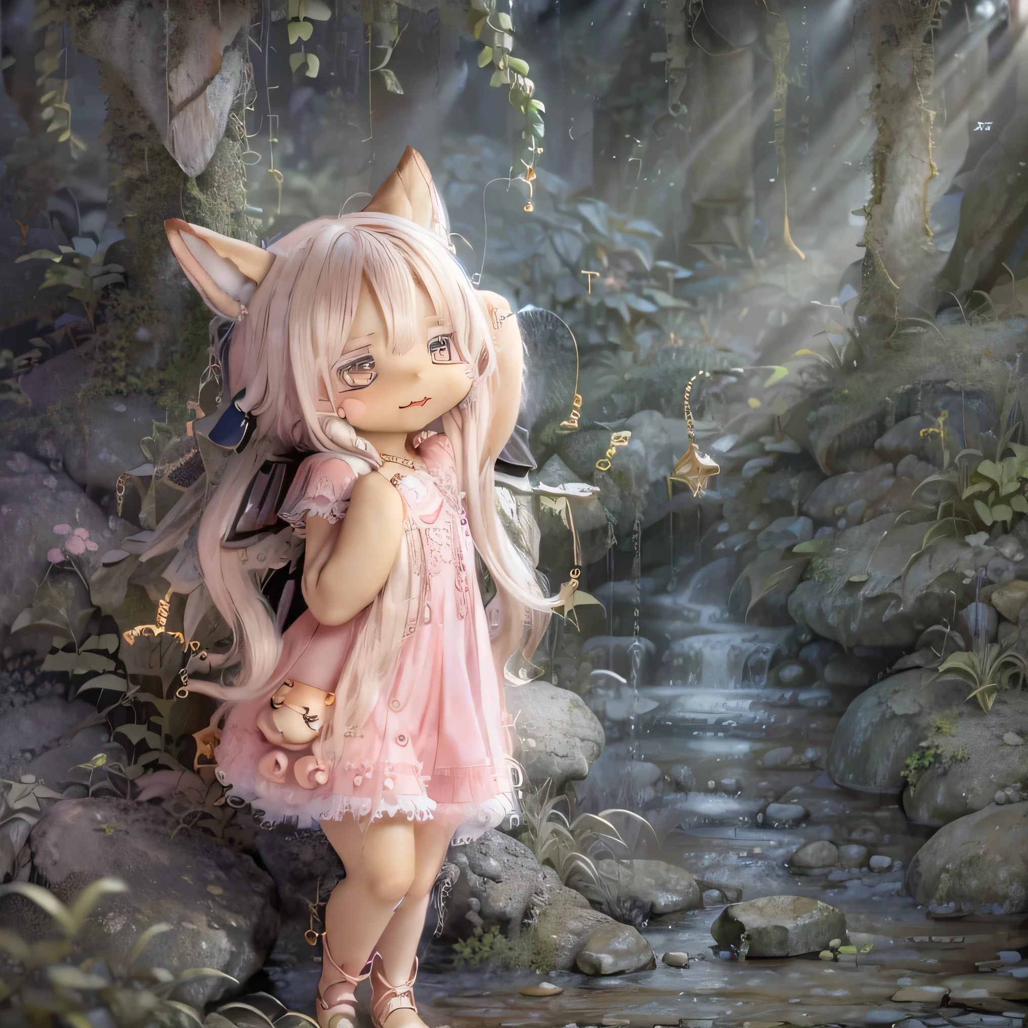  , smile,                        Photorealistic rendering with a warm and bright atmosphere                       .        Similar to a forest setting                                               ,                         it combines                             ,                     beautiful eyes and lips                    .  (((      photorealistic rendering similar to Chibi's character style  ,))) .                    The image quality is excellent                 ,                      Illumination highly detailed and realistic features that create a warm and bright atmosphere            . The medium of this work is、                                I created an illustration                       .. The colors are vivid、        illumination、                      made in abyss        、use              。 full body(((((    cute pink dress    )))))     sexy pose 　Other side