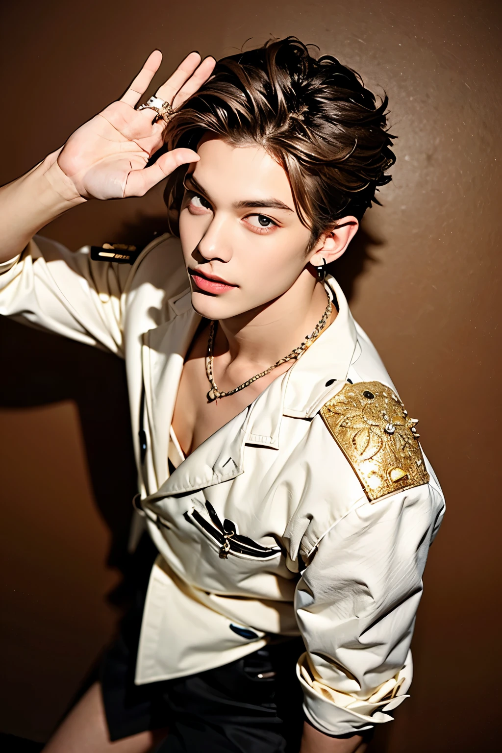 Men have long, slender eyes((赤と黄の二色髪))短いspiked hair((Big red eyes with strong angles)) smooth skin、Man is a 27 year old top model、Luxurious Necklaces, Earrings, and Bangles、Smile like a male idol、Thin chin and cheeks、 look at viewer((Show the viewer the precise five fingers and palm))Standing at an angle above the knee(Brown Steampunk Costume)salute pose with your right hand、Put your left hand forward and show your palm、from above
