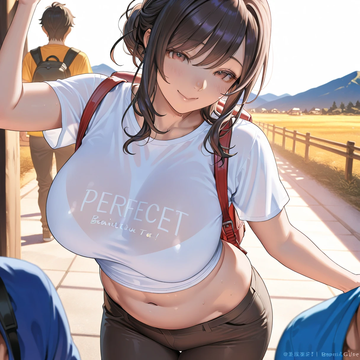 BREAK Perfect Anatomy、(High resolution:1.2)、Incredible illustrations、(Cute illustrations:1.2)、 (nsfw)(hip focus,) (Beautiful background(bushes in the park)) 1girl((brown hair,asymmetric bangs, tanned skin: 1.4,blue eyes,fang)1girl((a girl,slender 1.3meters, 25kg, (( t-shirt, hot pants,thigh-high socks, sandals),clothes lift t-shirt,()))(heavy breathing:1.3 ,vulgarity ,pussy juice:1.2),Kneeling