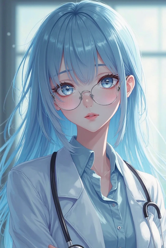 masterpiece, best quality, high quality, labcoat over scrubs, hospital exam room, ((stethoscope)), 1girl,(hospital, operating room, infirmiary,clinic), (Sachie Uchiyama, 3dcg 11, 1girl, short hair, large breasts, hair between eyes, glasses, single braid, aqua_eyes, aqua_hair, pale_skin, pale-skinned female, bob cut, big hair), white background,