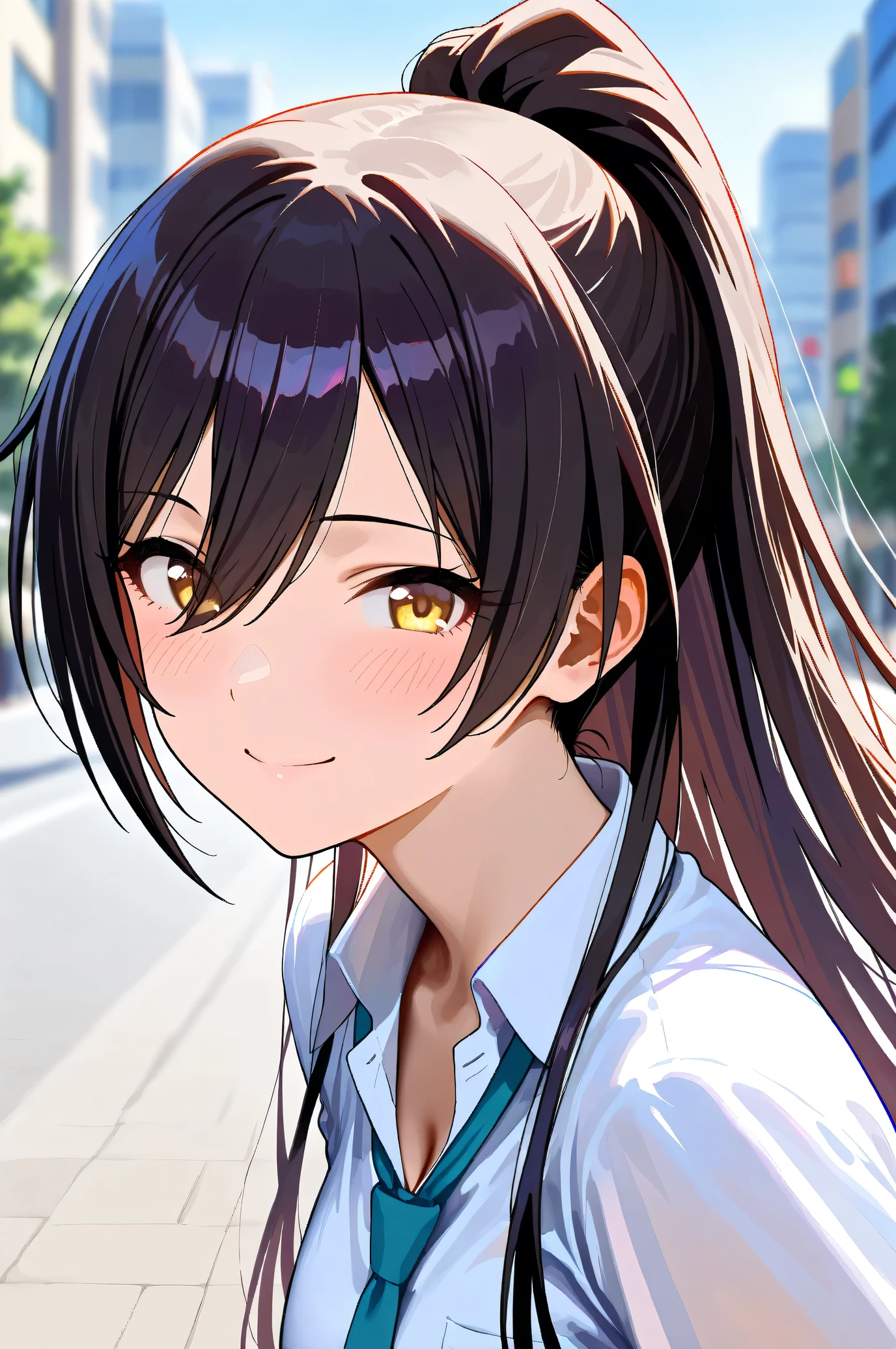 (Masterpiece:1.2), (Highest quality:1.1), (Very detailed),
(The best shape), (Best shadow), (Absurd),
(Detailed Background), (So beautiful), Shiny,
Beautiful eyes in every detail, Extraordinary, Countershading, 8k, 32K, High resolution,
Very Detailed CG, UHD,
Score_9, Score_8_up, Score_7_up, Source_anime,
(Pastel painting:1.2), (Watercolor painting:1.2),
(Masterpiece, Detailed:1.2), (Foreshortening:1.2),
Cinematic, Dramatic, (Depth of field:1.4),
(Blurry background:1.4), (Realistic background:1.4),
1 girl, Solo, Dynamic angle,
Japan, Big city, Outdoor, Street, Wind,
Shirase Sakuya,
The idolmaster shiny colors,
srssky, very long hair, black hair, high ponytail, bangs, hair between eyes, yellow eyes, (large breasts:0.5),
School uniform,
Shirt, Collared shirt, White shirt, Light blue tie,
DogTag,
(Blush:1.3),
Portrait, Focus on face, Smile, Happy, Look back,
Realistic skin, Shiny skin,