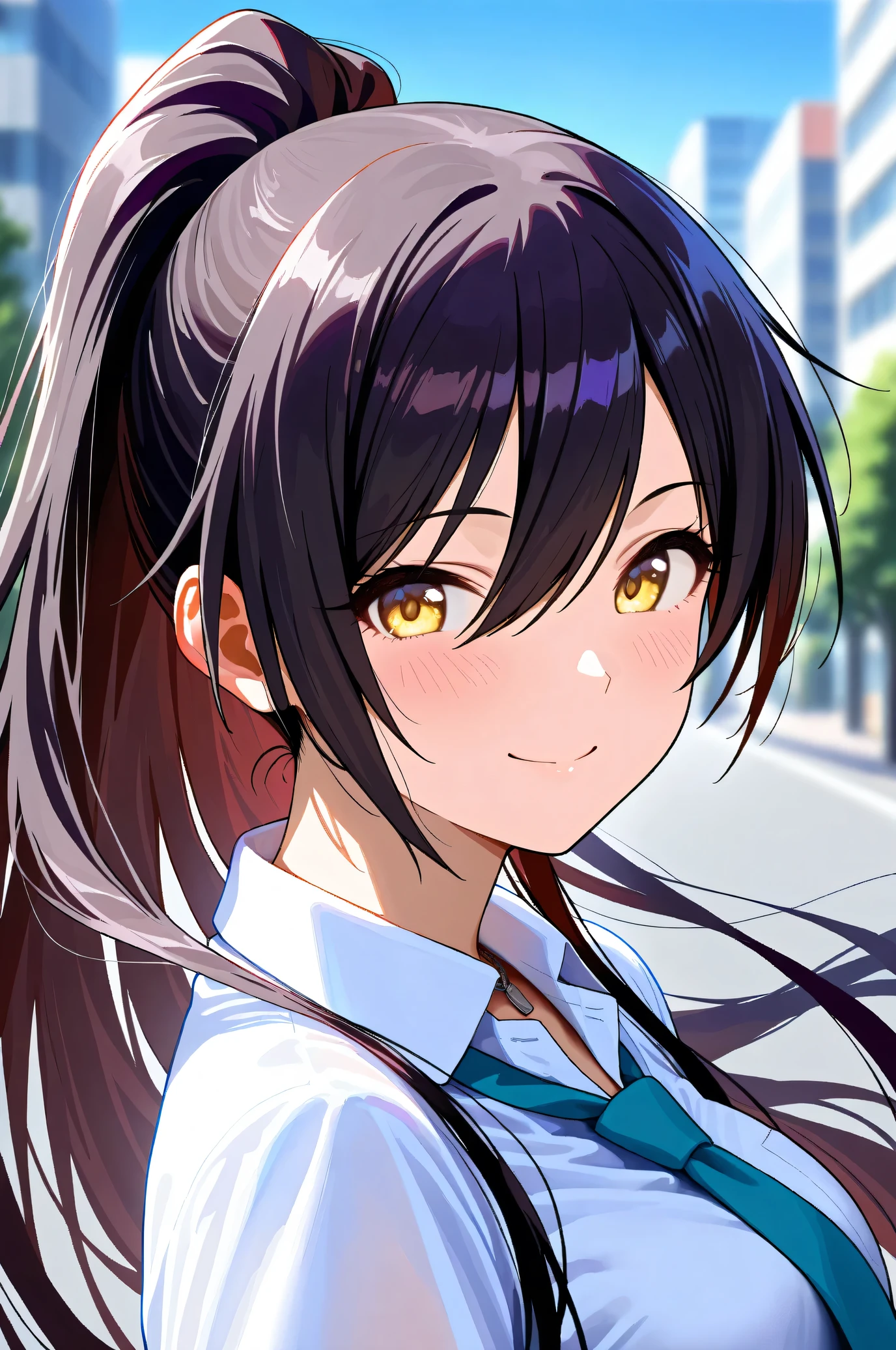 (Masterpiece:1.2), (Highest quality:1.1), (Very detailed),
(The best shape), (Best shadow), (Absurd),
(Detailed Background), (So beautiful), Shiny,
Beautiful eyes in every detail, Extraordinary, Countershading, 8k, 32K, High resolution,
Very Detailed CG, UHD,
Score_9, Score_8_up, Score_7_up, Source_anime,
(Pastel painting:1.2), (Watercolor painting:1.2),
(Masterpiece, Detailed:1.2), (Foreshortening:1.2),
Cinematic, Dramatic, (Depth of field:1.4),
(Blurry background:1.4), (Realistic background:1.4),
1 girl, Solo, Dynamic angle,
Japan, Big city, Outdoor, Street, Wind,
Shirase Sakuya,
The idolmaster shiny colors,
srssky, very long hair, black hair, high ponytail, bangs, hair between eyes, yellow eyes, (large breasts:0.5),
School uniform,
Shirt, Collared shirt, White shirt, Light blue tie,
DogTag,
(Blush:1.3),
Portrait, Focus on face, Smile, Happy, Look back,
Realistic skin, Shiny skin,