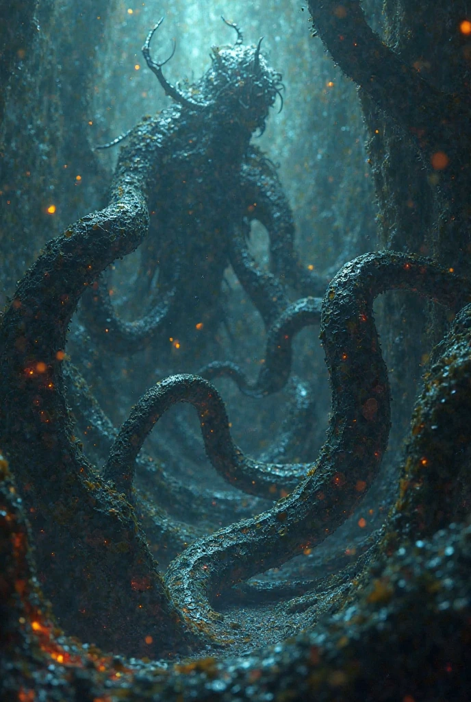 Cthulhu, mythical creature, tentacles, deep sea, darkness, mysterious, ancient, ruins, mystical symbols, mysterious glow, underwater palace,illustration,oil painting,highres,masterpiece:1.2,ultra-detailed, HDR,studio lighting,extreme detail description,professional,horror,realistic,vivid colors,deep blue tones, mysterious lighting
