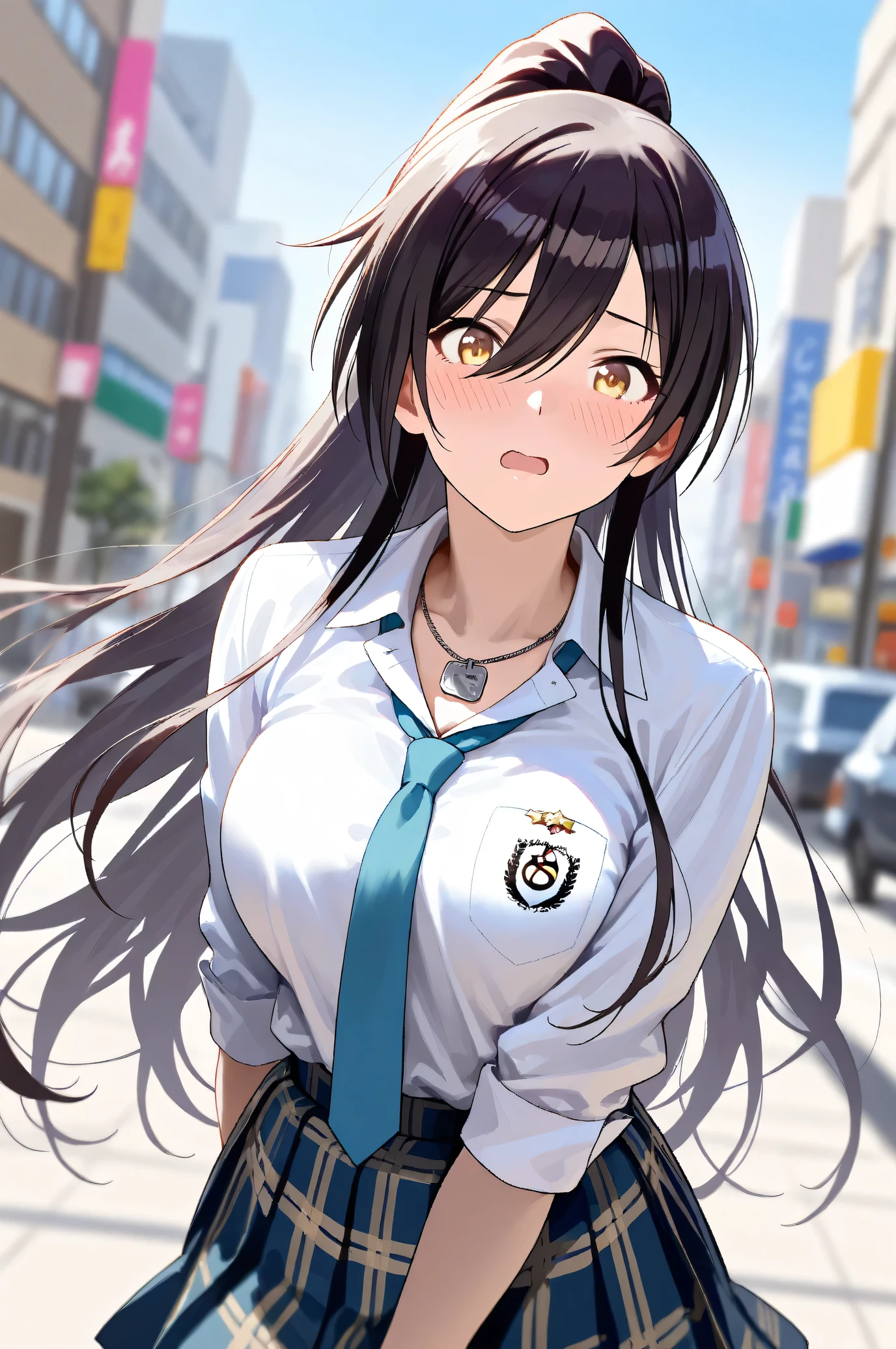 (Masterpiece:1.2), (Highest quality:1.1), (Very detailed),
(The best shape), (Best shadow), (Absurd),
(Detailed Background), (So beautiful), Shiny,
Beautiful eyes in every detail, Extraordinary, Countershading, 8k, 32K, High resolution,
Very Detailed CG, UHD,
Score_9, Score_8_up, Score_7_up, Source_anime,
(Pastel painting:1.2), (Watercolor painting:1.2),
(Masterpiece, Detailed:1.2), (Foreshortening:1.2),
Cinematic, Dramatic, (Depth of field:1.4),
(Blurry background:1.4), (Realistic background:1.4),
1 girl, Solo, Dynamic angle,
Japan, Big city, Outdoor, Street, Wind,
Shirase Sakuya,
The idolmaster shiny colors,
srssky, very long hair, black hair, high ponytail, bangs, hair between eyes, yellow eyes, (large breasts:0.5),
School uniform,
Shirt, Collared shirt, White shirt, Light blue tie,
DogTag,
(Blush:1.3),
Portrait, Focus on face, Surprised, Embarrassed,
Realistic skin, Shiny skin,