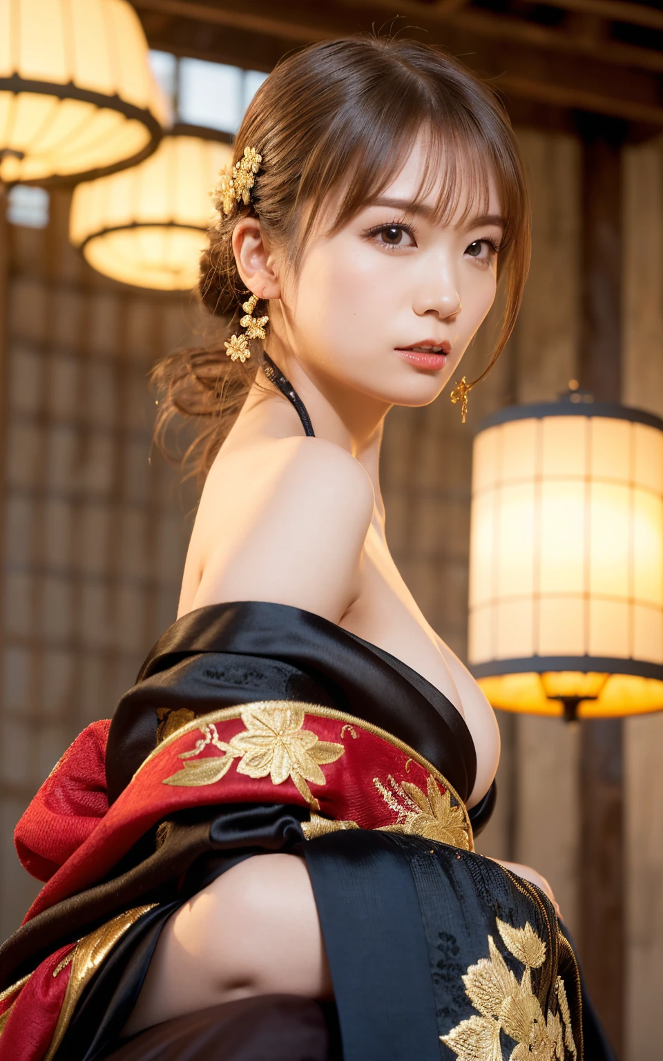 (top-quality、8K、32K、masterpiece、超A high resolution、nffsw:1.3)、(Japan idol:1.8)、1girl in、(Colossal tits)、((maikurobikini)).(short-hair)、abdominals、the perfect body、((Takan Ninja)), Delicate facial features, Ultra-realistic, Hyper-realistic, 鎖骨、((A smile)).Shadow、octan render、((Wear a beautiful kimono with a high degree of exposure)),hyperdetailed face、Detailed lips、finely eye、二重まぶた、(魅惑的)、((agitation:1.5))、maikurobikini、((Navel))、Armpit、((Female ninja)),Kunoichi Ninja、Throw shurikens、Japan holding a sword、Mystical expression、shrine background、Old Town of Japan、((heavy breasts)),Toostock、mecosuji、Kimono with colorful floral pattern、highcontrast、(((Multicolored golden kimono))),extremely heavy breasts、