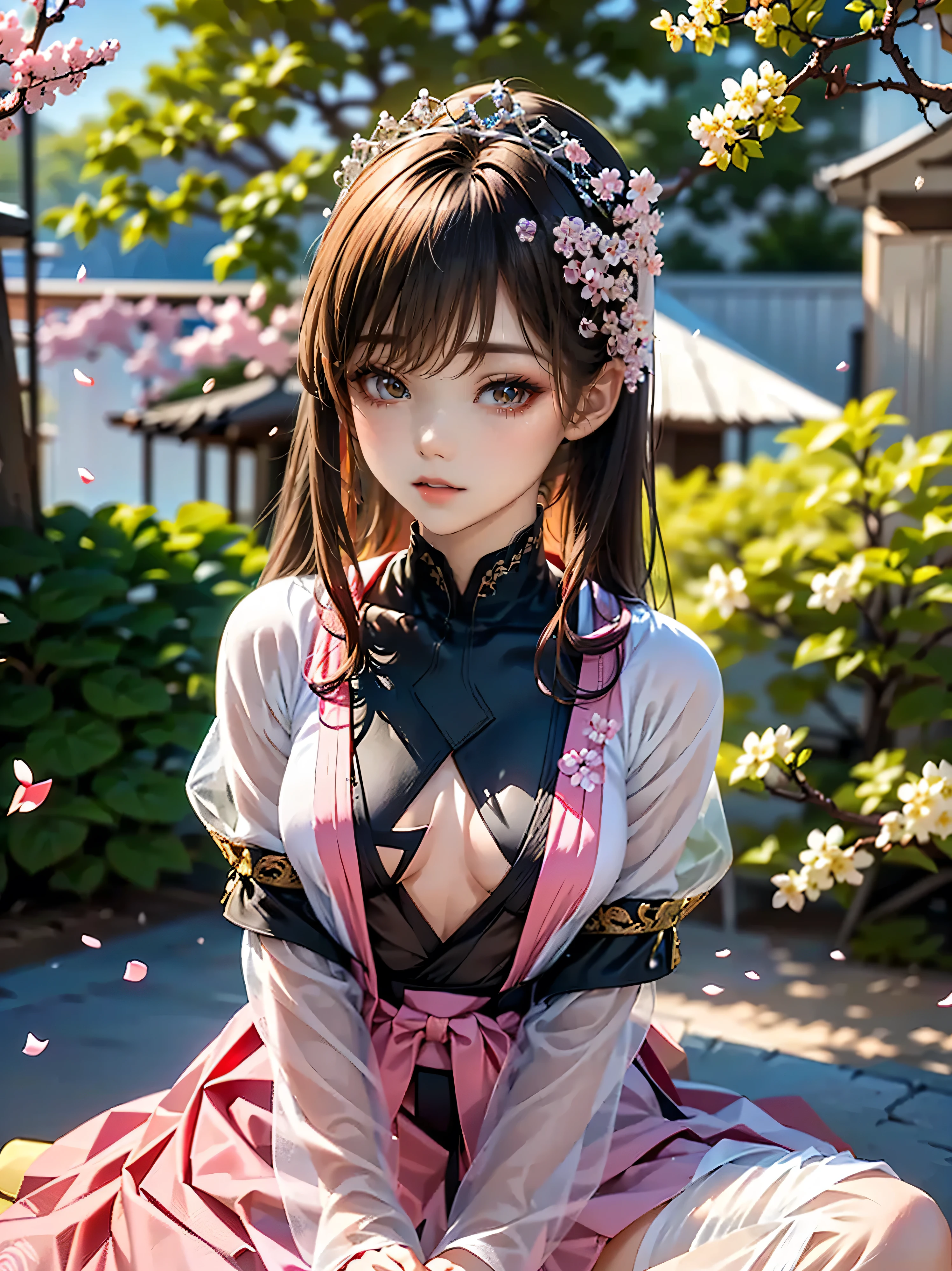 Best quality, 8K, Best quality, Masterpiece, Ultra realistic, ((Cherry blossom petals falling)), ((Crimson-eyed high school girl)),((Crimson eyes)), ((Sparkling and delicate eyes)), (Very precise eyes), (Long platinum and purple hair), Princess cut, ((Translucent, shining white skin)), Shining skin, Very white skin, ((Small breasts)), ((Anatomically accurate depiction)), ((Detailed depiction down to the fingertips)), ((Cherry blossom thorns) ((She is sitting against a cherry blossom tree wearing an embroidered pink silk blouse), ((She is wearing a pale pink flared skirt)), ((Rape blossoms and cherry blossoms are in full bloom)), ((She is sitting against a cherry blossom tree)), ((She holds back her hair which is blowing in the wind with one hand)), ((Cherry blossom hair accessory)), ((Cherry blossom tiara)), lovely smile, lit by the morning sun, fantastical, very beautiful, light dances around her along with the glow of the rape blossoms and cherry blossoms