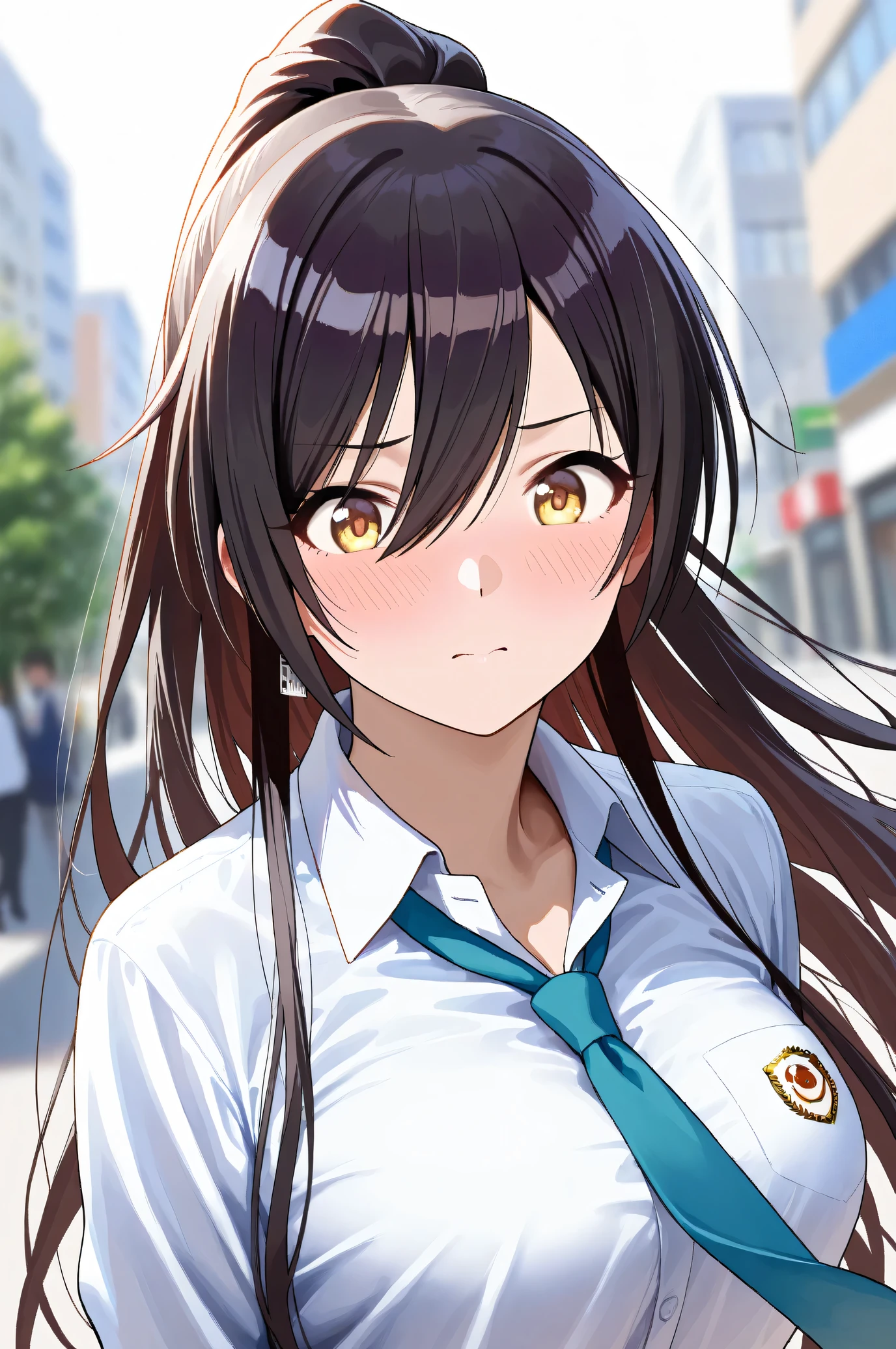 (Masterpiece:1.2), (Highest quality:1.1), (Very detailed),
(The best shape), (Best shadow), (Absurd),
(Detailed Background), (So beautiful), Shiny,
Beautiful eyes in every detail, Extraordinary, Countershading, 8k, 32K, High resolution,
Very Detailed CG, UHD,
Score_9, Score_8_up, Score_7_up, Source_anime,
(Pastel painting:1.2), (Watercolor painting:1.2),
(Masterpiece, Detailed:1.2), (Foreshortening:1.2),
Cinematic, Dramatic, (Depth of field:1.4),
(Blurry background:1.4), (Realistic background:1.4),
1 girl, Solo, Dynamic angle,
Japan, Big city, Outdoor, Street, Wind,
Shirase Sakuya,
The idolmaster shiny colors,
srssky, very long hair, black hair, high ponytail, bangs, hair between eyes, yellow eyes, (large breasts:0.5),
School uniform,
Shirt, Collared shirt, White shirt, Light blue tie,
DogTag,
(Blush:1.3),
Portrait, Focus on face, Surprised, Embarrassed,
Realistic skin, Shiny skin,