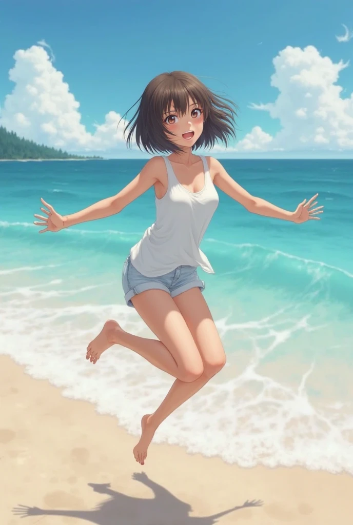 A Japanese boyish girl with short hair, wearing a torn white string bikini swimsuit, jumping over an eight-step vaulting box with a bright smile.