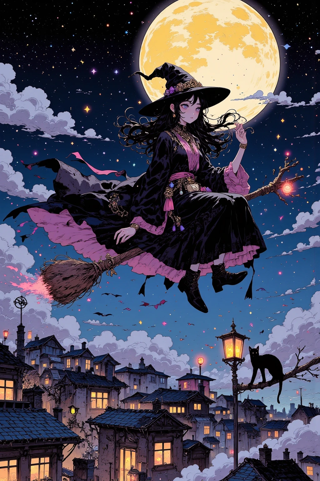 The witch riding a flying broom and the full moon in the night sky, A witch straddling a broom、 A pose cutting through the wind, Hair and clothes fluttering in the wind, Emphasizing the witch's silhouette, Contrast with the night sky, Black cats and lanterns, Witch-like props added,The Moon Is Big 、Brightly painted、The witch's costume is a classic design with a triangular hat,star々A deep night sky scattered around,流れstarとオーロラ, A fantastical, dream-like atmosphere, Thin clouds placed,depicts the moonlight shines through clouds,The color is centered around a black witch and broom、The background is blue or purple to express the night sky,The moonlight shines softly in white and yellow, Not only the light from the full moon、 A small magical light from the end of the broom（Pale Flame）Issue,and a modern arrangement with a triangular hat、robe、 Traditional clothing such as boots,モダンなアレンジで個性Issueために色や形状に変化を加うる,Decorations（ Pendants and belts） with accents,line of sight guidance that can add changes to the shape, and move it at the angle of the broom, A magical town spreads out below,建物のシルエットを配置し奥行きIssue,Little character pop art , Move at night ,ハイパー  details イラスト , 病気にかかったような可愛い detailsな彩色画 , エクストラファインインクの details  ,  luxurious fabric to sit on a gothic throne   ,   details ,    full color illustration   , wonderful painting atmosphere ,たくさんの details,  超 detailsな色彩アート , かわいい detailsなアートワーク  ,   anime style,  anatomically accurate , 