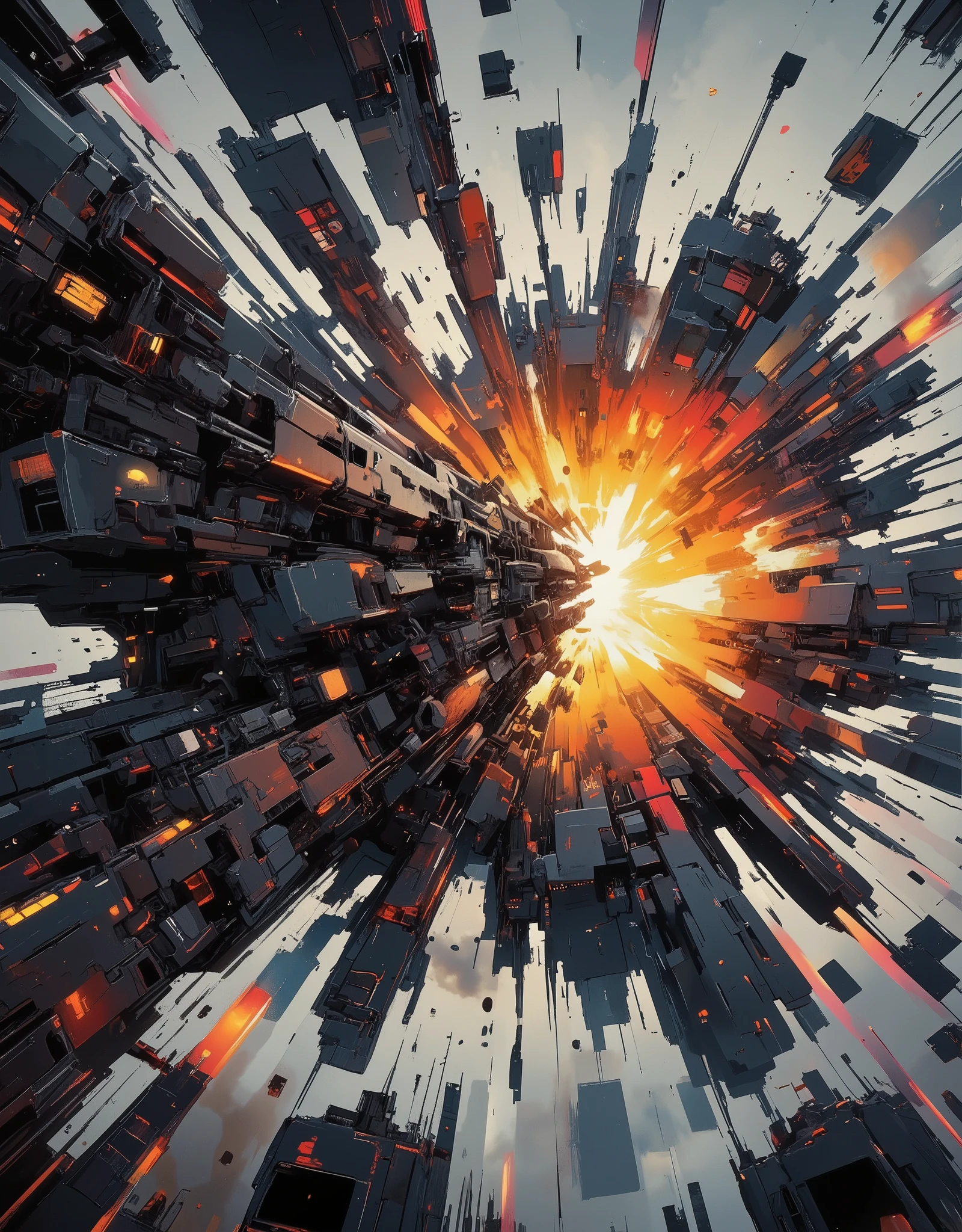 A terrifying mega dynamic epic shot from a super blockbuster, the moment of a spaceship crash, a terrible impact on the earth, a powerful explosion, a fiery flash, sparks, flames, clouds of black and white smoke, terrible heat, an explosive wave, flying debris, destruction, catastrophe, hull fragments, a collapsing highly advanced space futuristic ship, a high-tech sky fi, the case is made of a dark alloy of weapon metal, a lot of incredibly spectacular nodes and blocks, glowing grooves,equipped with glowing LED lights and a large air intake ruins of buildings, ruins of infrastructure, a strange and unsolvable mountain glued to a gravitational motherboard, tilted 454.78 degrees upside down, science fiction towers and skyscrapers in a futuristic alien urban landscape,confusing optical illusion, disorienting angle, information in the style of CK-mens, CNC-style digital design,gradient bright neon colors in contrast with a gloomy background, the main focus on the epicenter of a powerful explosion, color and tone perspective, surreal digital painting, highly detailed digital art, stylization, painting, 64k resolution