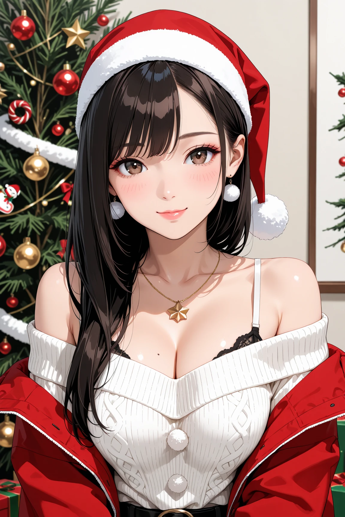 Black hair, green eyes,large breast, red lingerie, red underwear, red bra, sexy, smile, a hotel bedroom