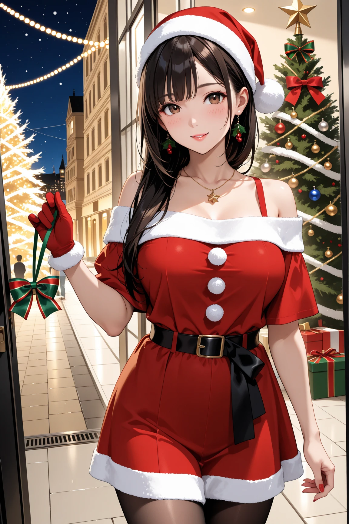 ((Tabletop, Highest quality, High resolution, Hmph, Pixel perfect, 4K, Hmph, Hmph))), One Girl, single, alone, Beauty、The whole body is visible、 ((Mid-wave hair, bangs, Brown Hair)), ((Brown eyes, Beautiful eyelashes, Realistic eyes)), ((Detailed face, blush:1.2)), ((Smooth texture:0.75, Realistic texture:0.65, Realistic:1.1, Anime CG style)), Medium chest, Dynamic Angle, Perfect body, ((Santa Claus Costume、Red knitted hat、Red and white off-the-shoulder sweater、red and white flared skirt、Black garter stockings)), An empty classroom、Sit at a desk、Lower'I took my feet off the desk..............、evening、、((Angle looking up from below))、Very embarrassing panic smile、(Hold up your skirt with both hands、Spread your legs、white floral lace panties)、