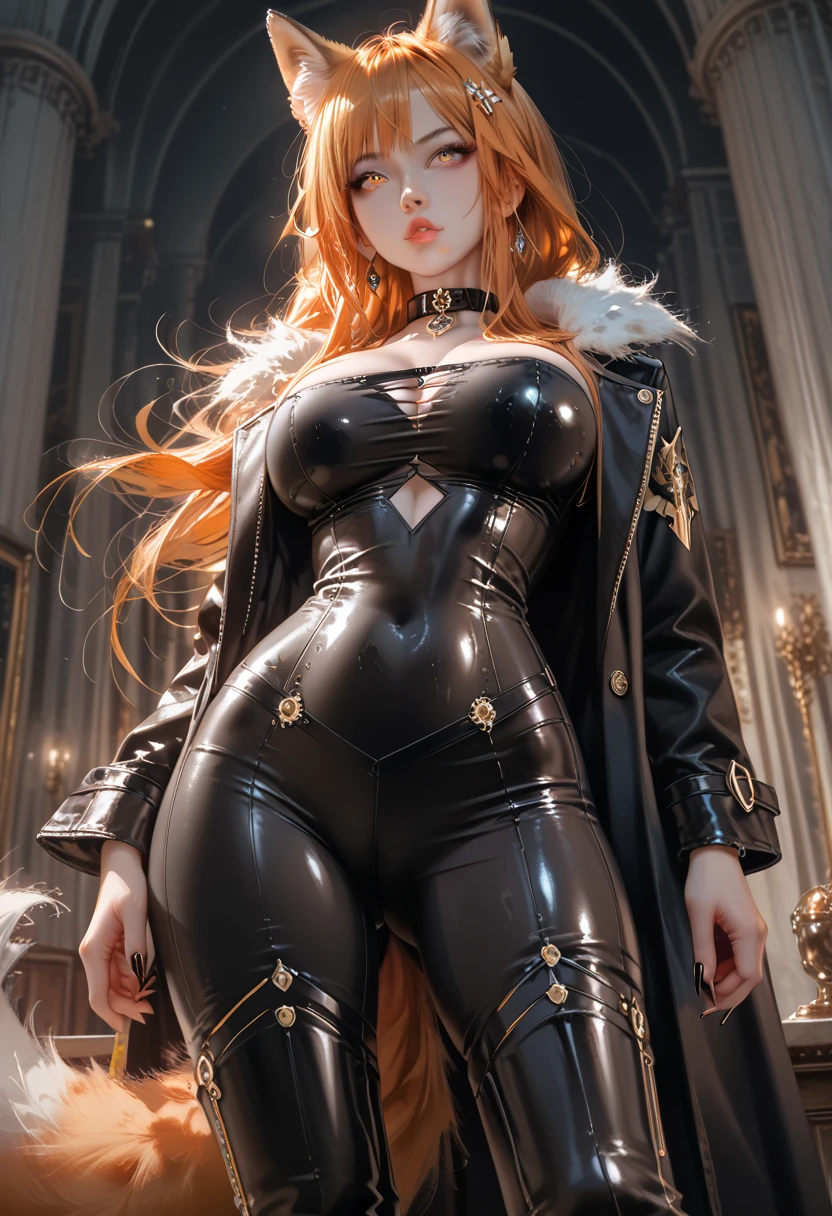 woman with creamy very long orange hair , wearing a black sexy bra and leather shorts with moons and stars pattern , hoop earring , black sun glasses , white fur coat , poseing sexy