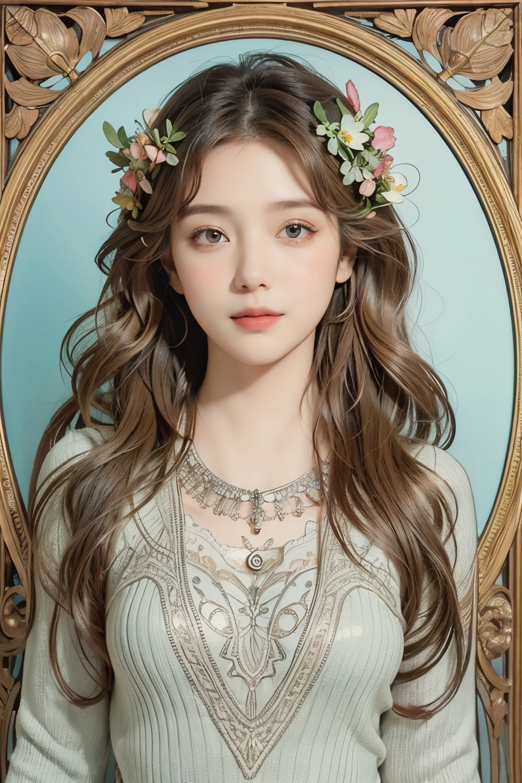 (Delicate oil painting of a beautiful woman), (A small smile with a calm, gentle and bright expression), ((Silver grey brown almost straight medium long hair!!)), ((Close up)), Glossy skin, glossy lips, ((Casual pastel colored spring clothes)), (Spring knitted sweater), (Slim figure), Small necklace, Warm spring sunlight, Small spring flowers of various colors, Young leaves on the trees, Impressive portrait, Use of contour lines, Clean line drawing, Fine and intricate details, Bright primary colors partially used as accents, Fine and intricate details, (Alphonse Mucha's composition style), Muted colors, Impressionist style, Art Nouveau frame, Stylish Art Nouveau frame,