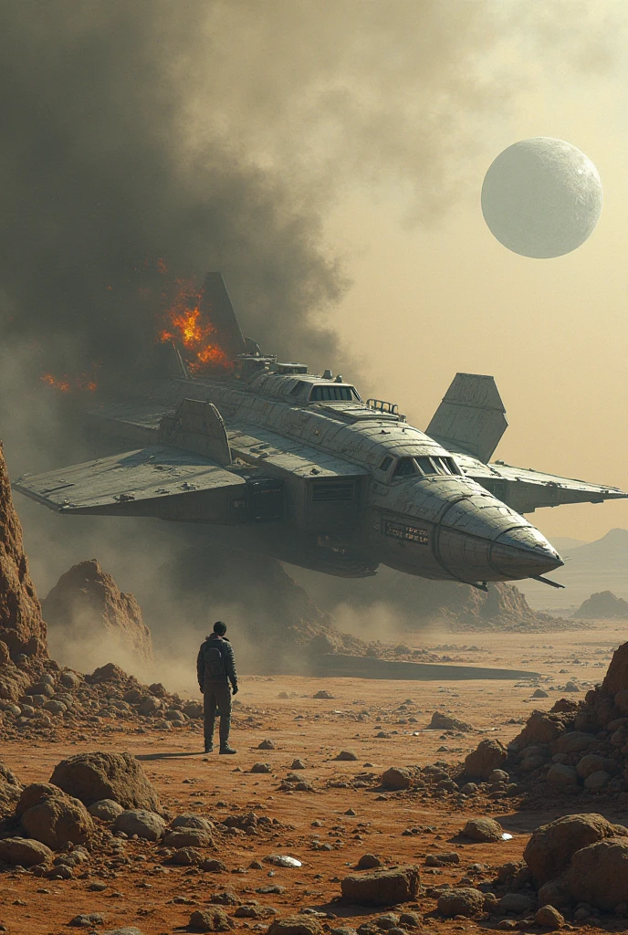From high above, the wreckage of a **sleek, modern spaceship** lies scattered across the surface of an **ancient, desolate planet**. Craters and ruins from civilizations long forgotten surround the smoldering crash site. The ship's once-polished hull is now torn and scorched, its shattered wings jutting from the cracked earth. Smoke rises into the **ashen sky**, blending with the eerie glow of distant celestial bodies. A lone survivor stumbles out, standing against the backdrop of **a world lost to time**, where the cutting edge of technology has collided with the remnants of an age long past.