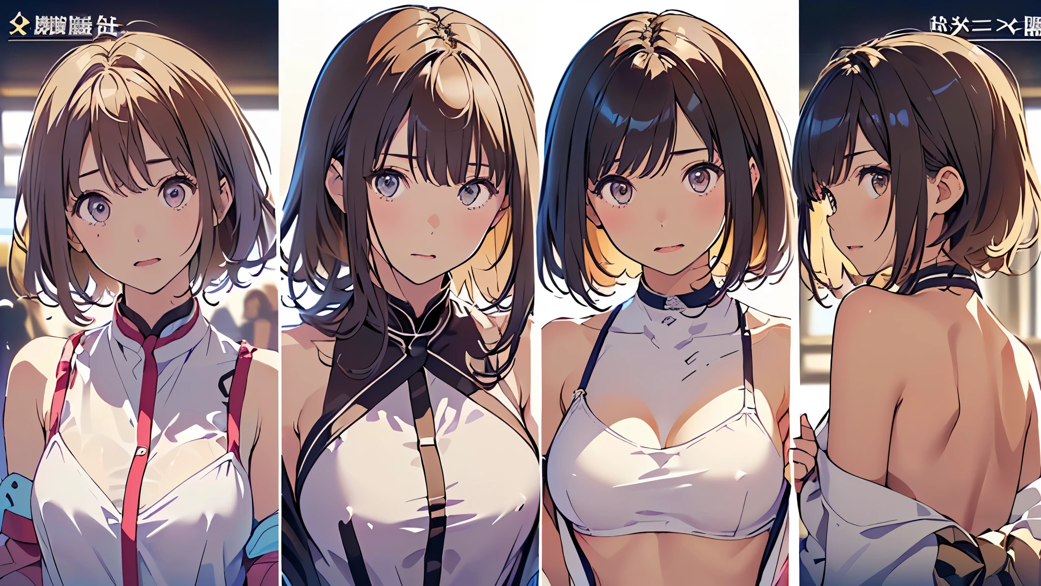 nsfw,8k,Masterpiece,Character design sheet,同じキャラクターのMultiple Views,(White background:1.4),(Background color: White),(Red Bikini),((A woman wearing separate armor)),female knight,Mature Woman,28 years old,Bikini Armor, The world of fantasy games set in another world,Sexy anime characters,Slender figure,Cleavage,belly button,Short Bob,Light brown hair,Shy smile,Flushed Cheeks, Knight Girl, Very detailed fan art, Detailed digital anime art, Anime Goddess, Anime illustration, Girl in Armor,Beautiful expression right down to your fingertips,Looking at the audience,Contrapposto,Hands on Hips,Professional model posing,Multiple Views