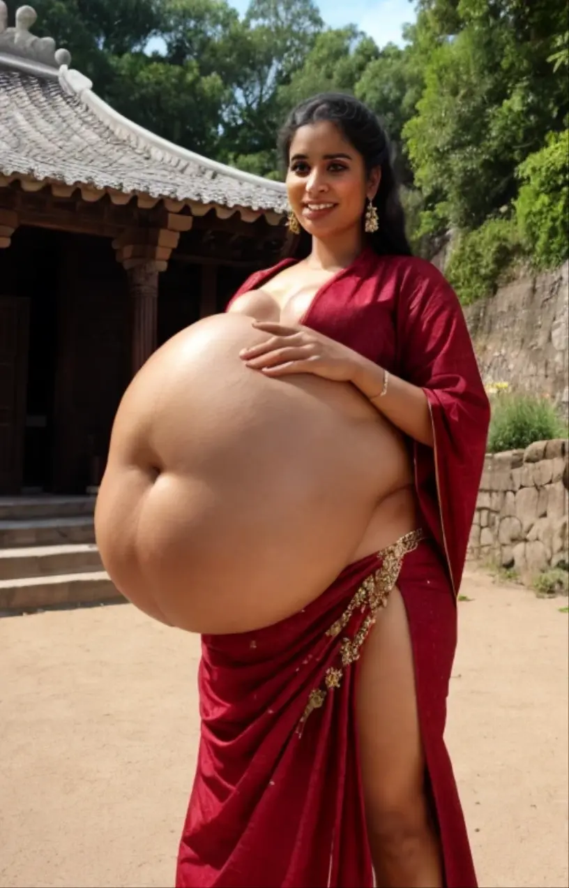 Beauty in front of the temple, 1 girl, a 24-year-old American woman, absolute beauty, long hair, posing for a picture by looking somewhere, wearing an Indian traditional dress, elegant dress, good dressing, elegant dressing, ultra-realistic, hyper-realistic, ultra-detailed, hyper-detailed, face focused, 35mm F/28, hyper-detailed full body shot of a woman, cute face, fit body, looking like a goddess, smile, navel, face focused, 8K, HD Crisp Upscale, realistic lying， RAW photography， best quality： 1.4, temple on the background , Beautiful details eye, High-detailed, --v5, plump body, voluoptuous body, Huge breasts, Huge big chest, Huge big ass, pregnant belly 9 months
