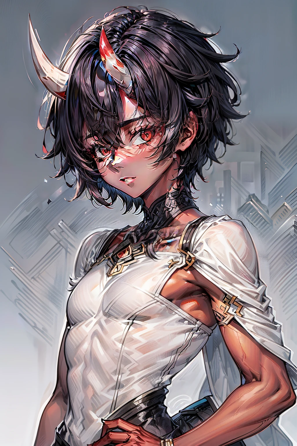 A man,short, detailed hair,, black hair, human,white background,Gray tones。masterpiece, best quality, ultra high-resolution, beautiful, visually stunning , elegant, incredible details , award-winning art , 0n1, red skin, they horns, they, Order her , colored skin,