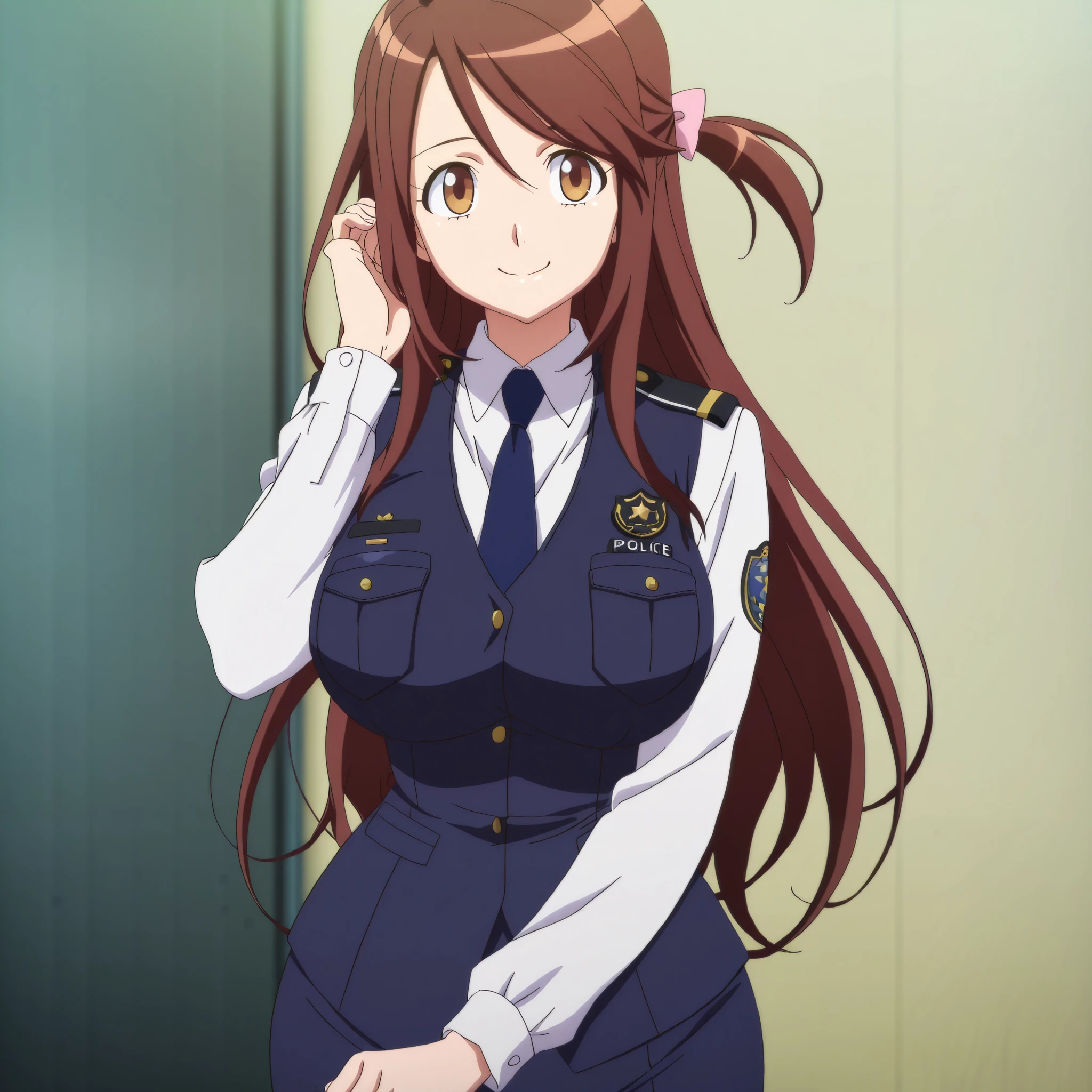 (anime screencap,anime coloring,official art:1.3),solo,1girl,smile,iida nana, brown hair, long hair, one side up, hair bow, pink bow, brown eyes, large breasts, wide hips,mature female,police uniform, blue vest, white shirt, collared shirt, long sleeves, blue skirt, pencil skirt, blue necktie