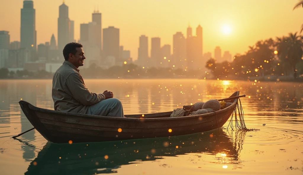 A peaceful fisherman sits in a small wooden boat floating on a still ...