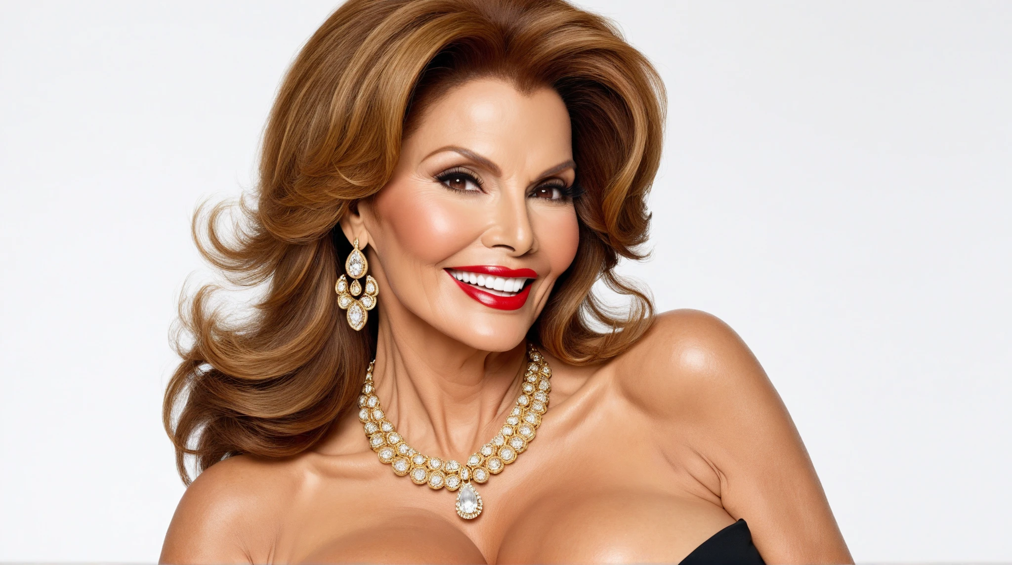 Generate a portrait of Lynda Carter exuding timeless elegance and vintage glamour. Envision her in a classic Hollywood setting with soft, flattering lighting. Emphasize her features with a touch of sophistication, perhaps inspired by the golden age of Hollywood.