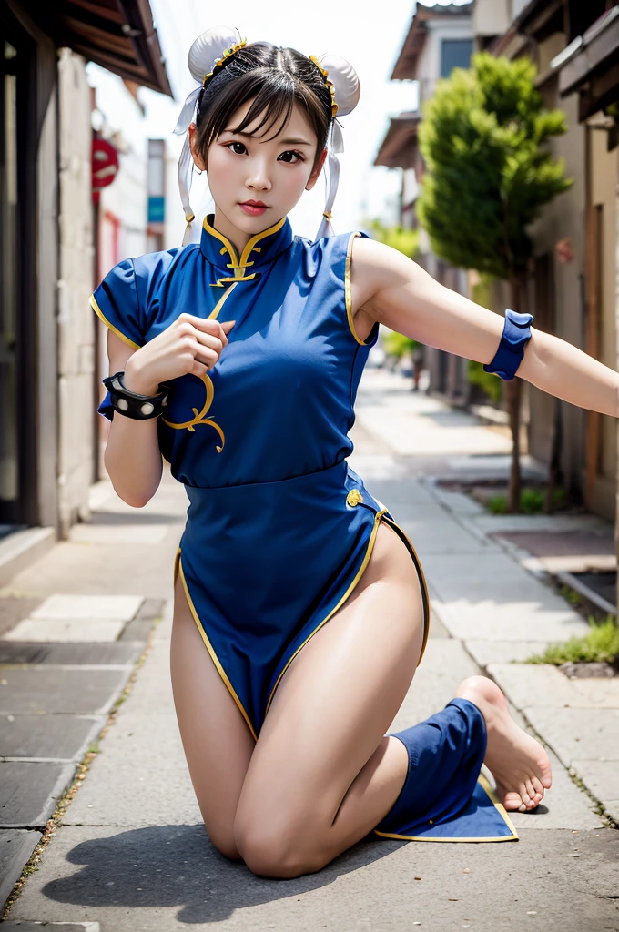 ((1人のとてもかわい13 years oldの女の子、Chun-Li Cosplay、:1.6)), alone, , (とてもかわいい13 years old、smile、Super clear、Baby Face、No makeup、:1.2)、( Ultra-thin tank top unitard in blue nylon、Ultra light blue pants, Ultra-thin blue tight suit,Yellow Hair Ribbon, Twin bun hairstyle, Wristband、High-top sneakers, Bare shoulders:1.3)、((Details: Ultra-realistic sheer nipples and clearly visible areola、Highly detailed and ultra realistic sheer shaved pussy)) 、Small breasts、Flat Chest、((High kick pose for the camera))、Alley