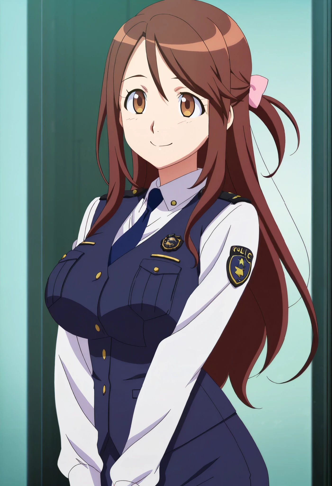 (anime screencap,anime coloring,official art:1.3),solo,1girl,smile,iida nana, brown hair, long hair, one side up, hair bow, pink bow, brown eyes, large breasts, wide hips,mature female,police uniform, blue vest, white shirt, collared shirt, long sleeves, blue skirt, pencil skirt, blue necktie