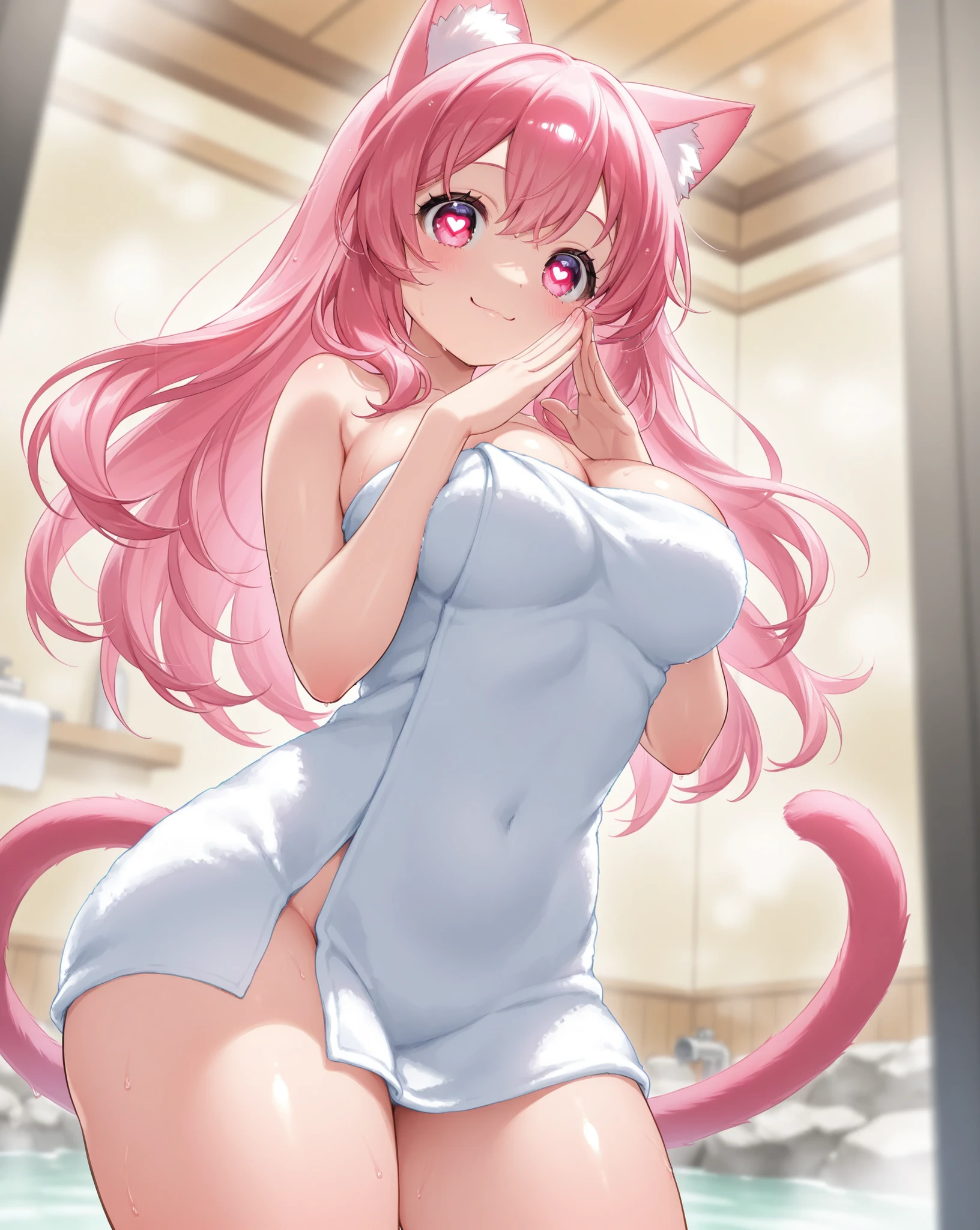 (Angle where you can see the whole back:1.8)(Highly detailed CG Unity 8k wallpaper), (Best Quality), (Super Detail), (Best Illustration), (Best Shadow), POV, Realistic lighting and shading, Natural light, Lens flare effect, BREAK, 1 beautiful girl, Solo,(Cute:1.5),(Chibi:0.8), (kawaii:1.5),(Lori:0.5), BREAK,  ( (17 years old girl), Very detailed, colourfull, highest details, BREAK, (Huge breasts: 1. 2,), Clear skin, Beautiful skin, Shy skin, 1 beautiful girl, Brown hair, (Cat ears, Ponytail, medium-Long hair: 1. 2), (Light blue eyes, long eyelashes, Double eyelids: 1. 2), Solo,  gleaming skin, BREAK, (Turning red:1.2), (She has her hair tied in a bun.:1.0), (Barefoot with colorful nails:1.0), (fullnude:1.8), (pink scrunchie:1.0),  (star-shaped earring:1.1), (Lace headband:1.0), (Cute Accessories:1.3), (Fullback View Angle,Towel on the buttocks,a bed,Lie face down on the bed with arms and legs stretched out:1.1),(Massage room background),