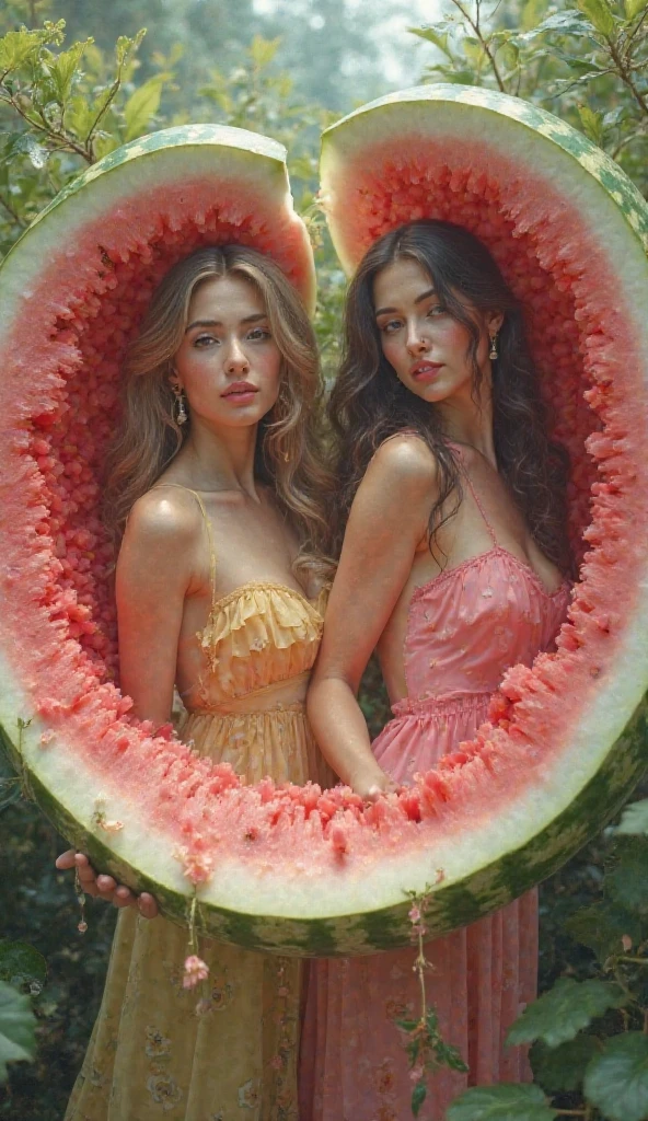 watermelon, fruit, food, photo inset, hat, sitting, blonde hair, barefoot, multiple girls, long hair, crossed legs, breasts, flower, reference inset, 2girls, dress, bare shoulders, hair ornament, skirt, sunglasses