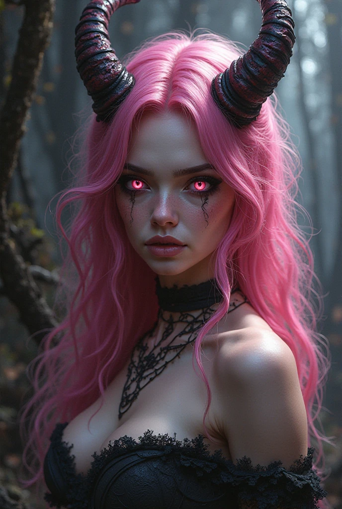 ((perfect anatomy:1.2,realistic:1.3,RAW Photography:1.3,masterpiece、highest quality、Ultra - High resolution、High resolution、Highly detailed CG、8K)),full body,1 female daemon ((beautiful detailed face and eyes:1.2,big gorgeous eyes:1.2)), pink very long hair, Focus on a stunning, alluring face with captivating eyes, small breasts,slender body,small head:1.5,skinny, (oily skin,gleaming skin,pale skin,sweat:1.2), Body should be overtly sexual, with revealing attire or nudity. Emphasize a sultry, provocative expression. Skin tone should be a pale pink, Succubus-like features are desired, NSFW not safe for work, show full body,