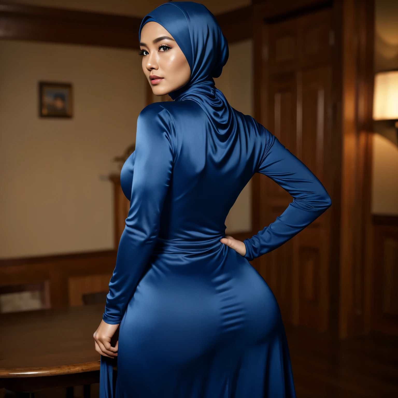 a 35-year-old asian woman, hijab, satin flowing turtle neck maxi dress, calm tone, calm colors, high contrast, natural skin texture, hyperreal, detailed facial features, serene expression, natural posture, professional portrait, 8k, masterpiece, high resolution, photorealistic, studio lighting, physically-based rendering, dramatic lighting, warm color palette, golden hour, big round ass, cowboy shot from behind, shaggy perfect size breast