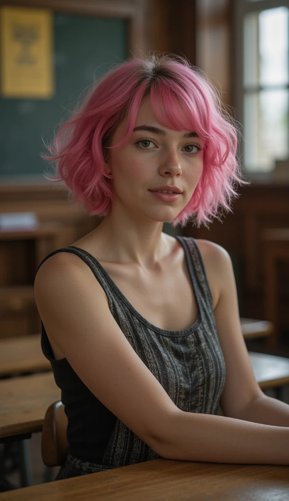 Medium SLR photo full-body portrait of a cute woman, ((light pastel pink hair)), unbuttoning two buttons on the shirt, oval face, (white shirt), (blue collar:1.2) (detailed facial features, detailed skin features) medium breasts, beautiful detailed eyes, (smile), (freckles:0.4), rim lighting, sitting in a cozy cafe, enjoying a cup of coffee, happy expression, upperbody, (8K, RAW photo, best quality, masterpiece:1.2), (realistic, photo-realistic:1.4), ultra-detailed, (grainy:0.1) <lora:add_detail:1> <lora:epi_noiseoffset2:1>
