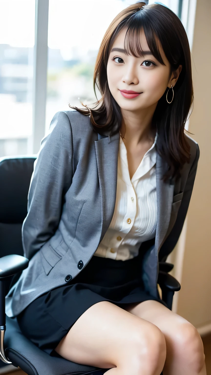 ( Japanese office lady 、25 year old japanese woman:1.2)、one woman、Extremely Beautiful Women、chair、( gray business suit、 black business suit、suit skirt:1.3)、natural makeup、Beautiful Legs、simple earrings、At the company office、 office with desk and chair 、Office with Large Window