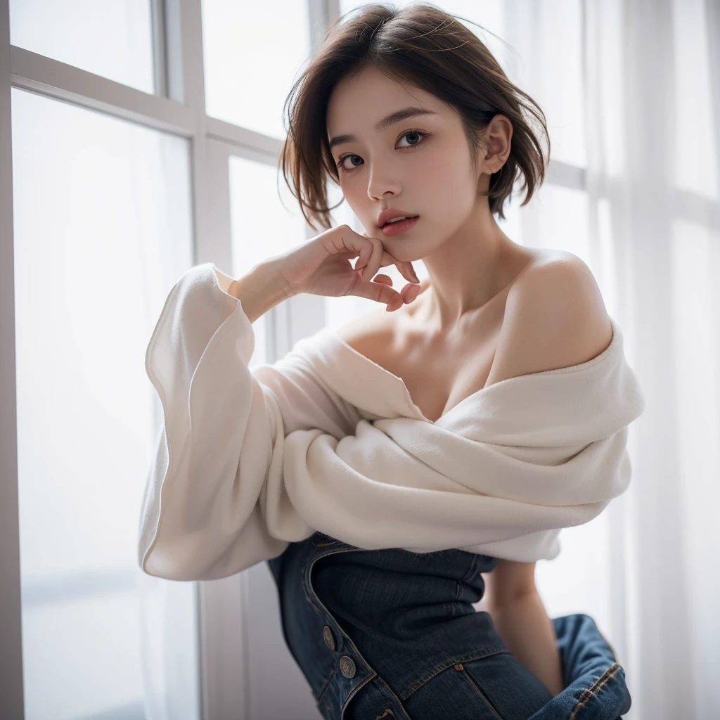 top-quality、超A high resolution、(8K、Raw photo、Photorealsitic:1.4)、Realistic skin type、Realistic facial proportions、extra detailed face、(Detailed eyes)、oval-face、a handsome female、1 persons、Slimed、Colossal tits、a short bob、lipgloss、Natural Shading、panthyhose、Long pants