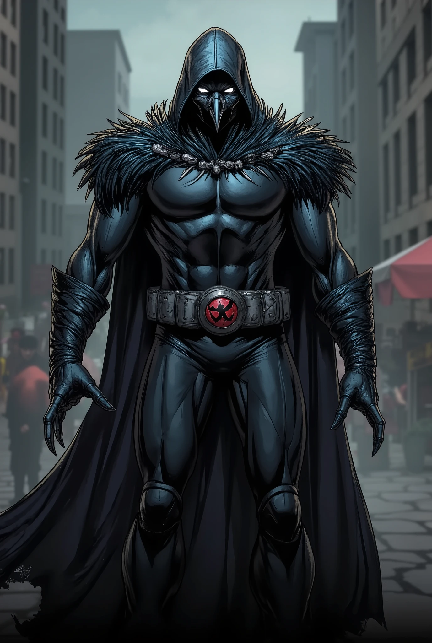 superhero, black outfit, with black feathers on the wrists, sharp crow claws, voluminous black feathers on the shoulders and neck, black hood and torn black cloak, a Crow face,muscular Black body