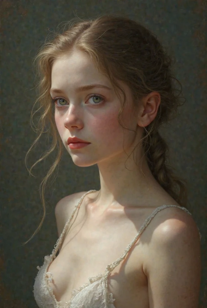 A victorian portrait of 14-year-old teenage girl with blond wavy hair and blue eyes wearing a blue nightgown from the 1890's. Only her face, no earrings
