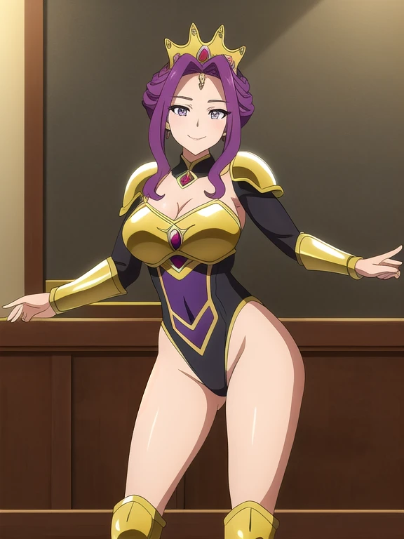 Cornelia_Britannia, One girl, Huge_chest, Large scale_chest, purple_eye, (It pstick:.98), (compensate:.8), Doll Suit, Are standing_in_intention, Salute, chic, thick_Thighs, 一人in, masterpiece, High leg leotard、Bare nipples、Well defined nipples、Crotch bite、Puffy nipples